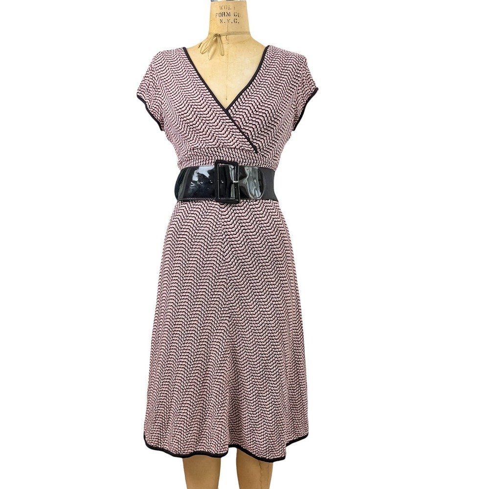 Y2K Pink Chevron Knit Midi Dress Surplice V Neck Empire Waist Retro Mod 70s